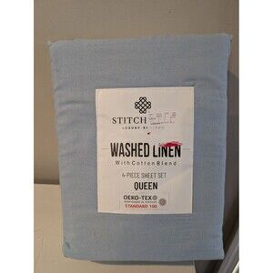 StitchWell Linen Blue Queen Sheet Set